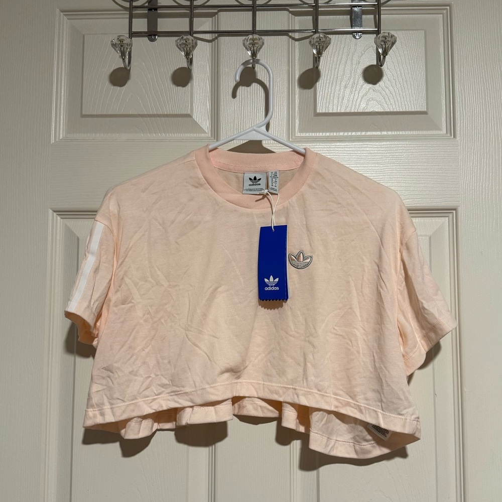NWT Pink XXS Adidas Crop Short Sleeve Top with Stripe on Sleeve